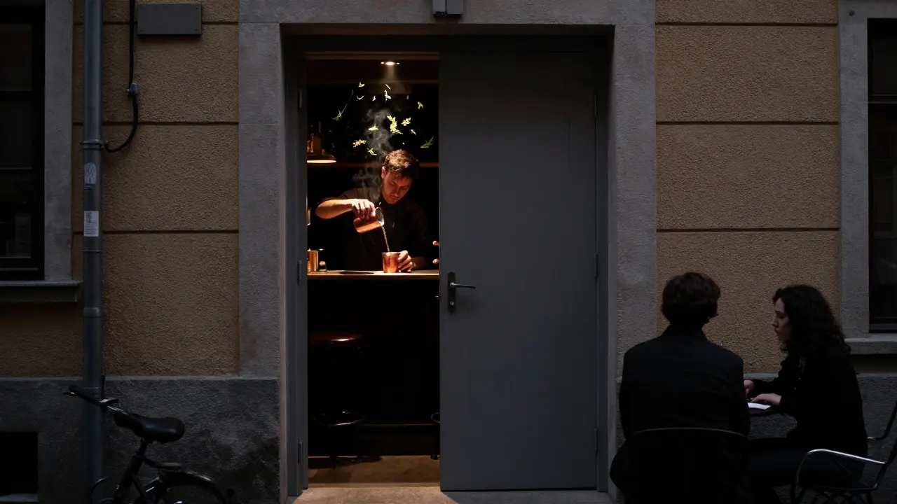 Hidden speakeasy door slightly open, revealing a bartender pouring a cocktail in dim, moody light.