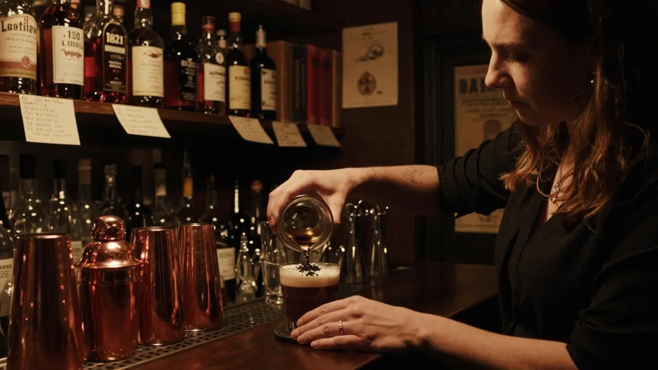 Leonie at Bar 1821 receiving a unique cocktail from a bartender in a dim, book-lined basement.