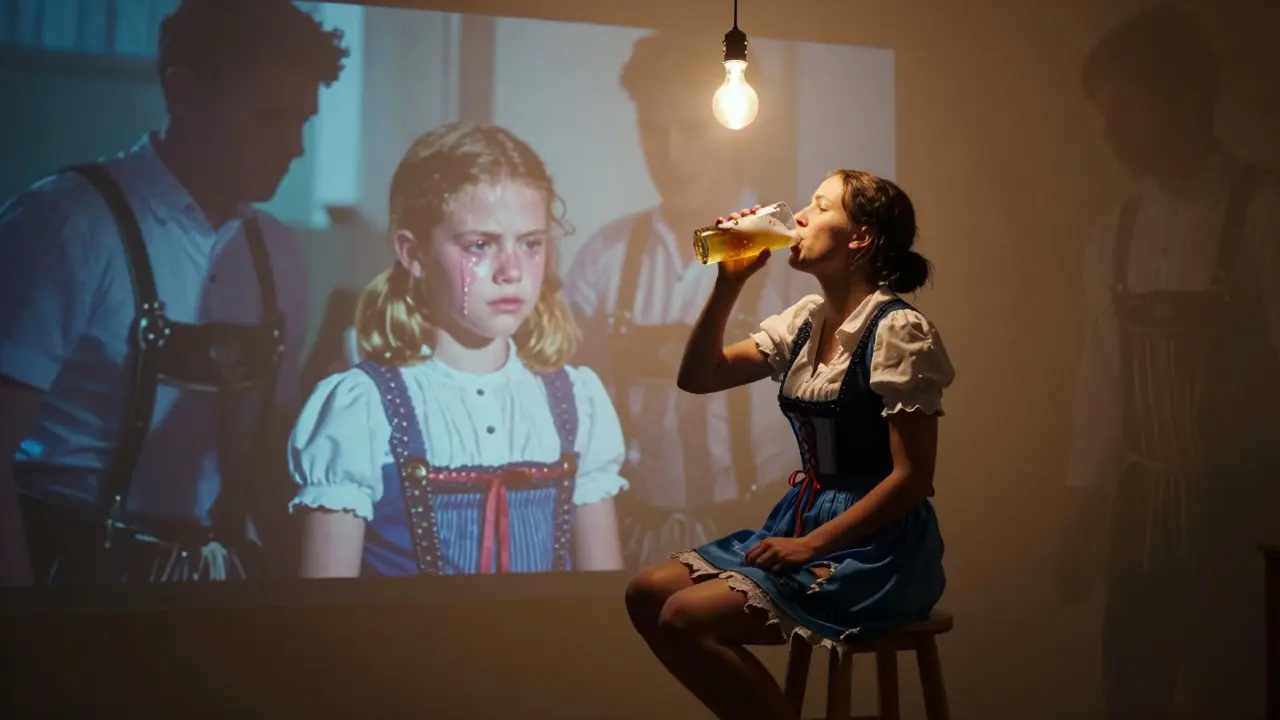 Lilli Vanilli in a half-torn dirndl, sipping beer on a stool, shadowy figures of judgment behind her.