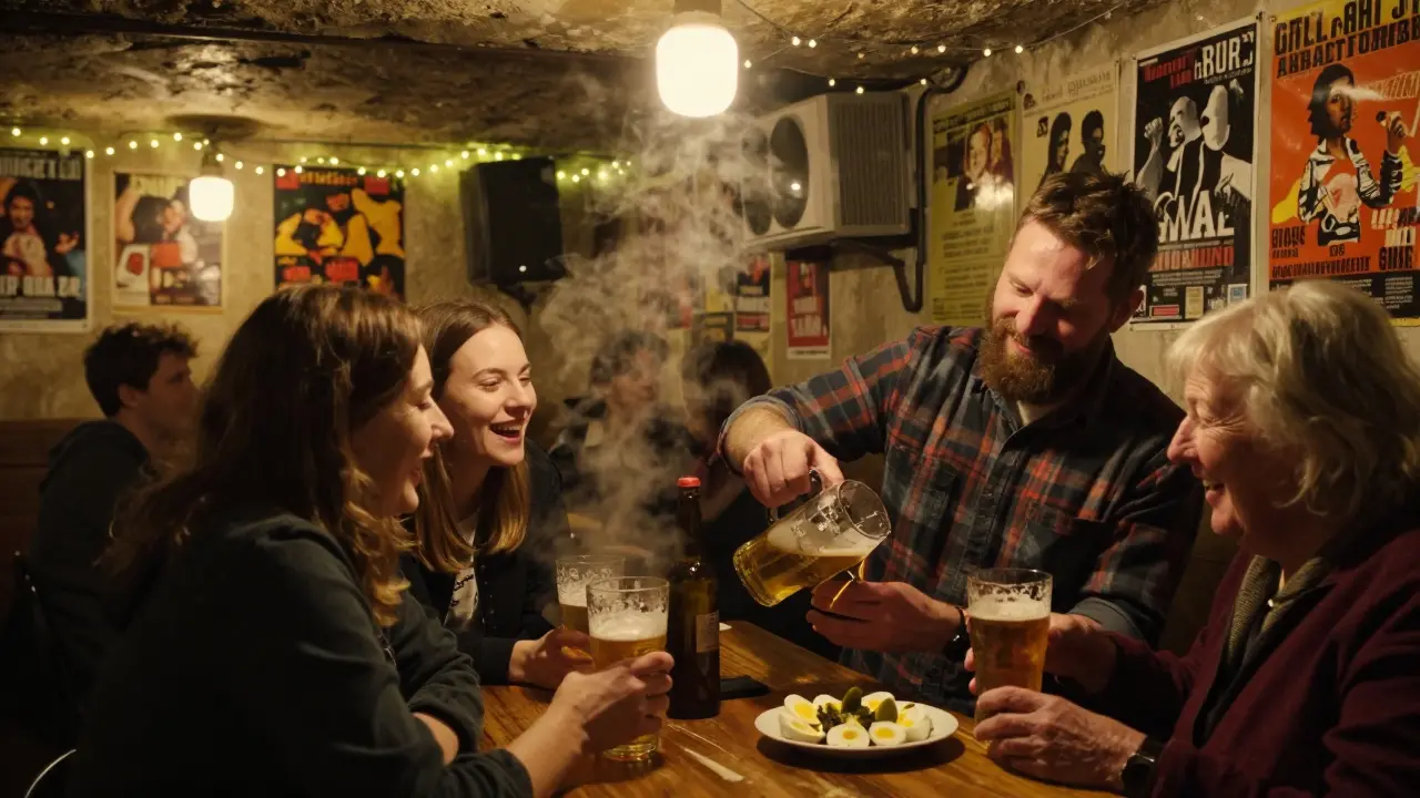 Locals laugh and share beer in a cozy basement bar covered in vintage concert flyers and mismatched glasses.