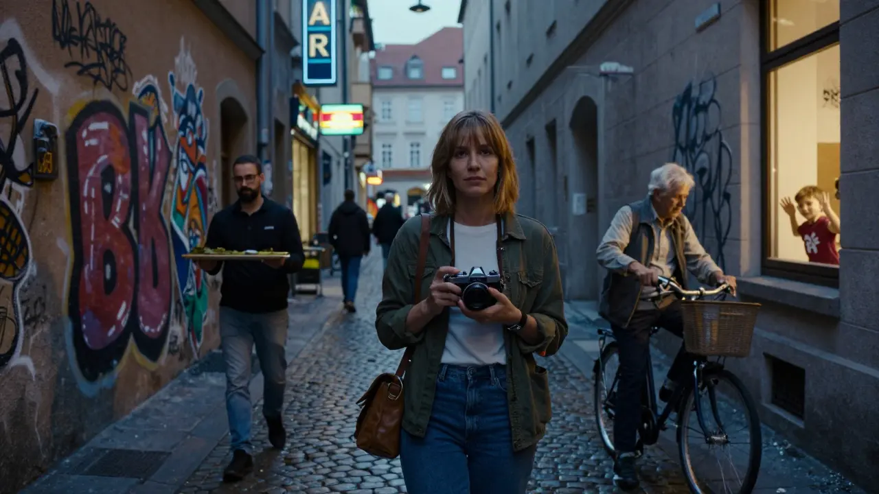 Melanie Müller in a Munich alley with street art and locals, holding a film camera at twilight.