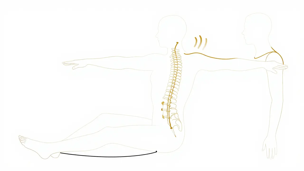 Minimalist line drawing of a human figure with anatomical cues showing posture, breath, and movement mechanics.