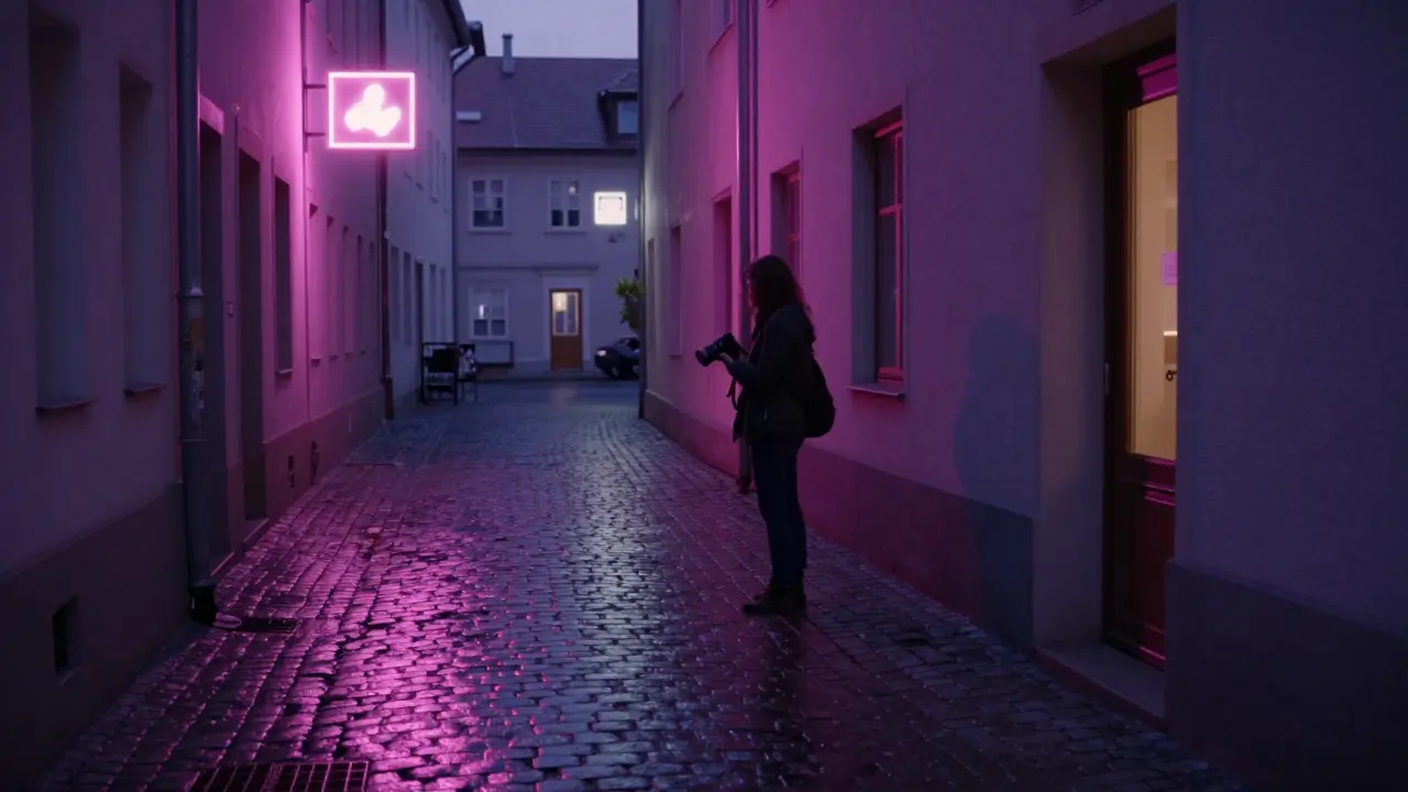 Neon reflections on wet alleys of Glockenbachviertel, a figure standing quietly near a café doorway at twilight.