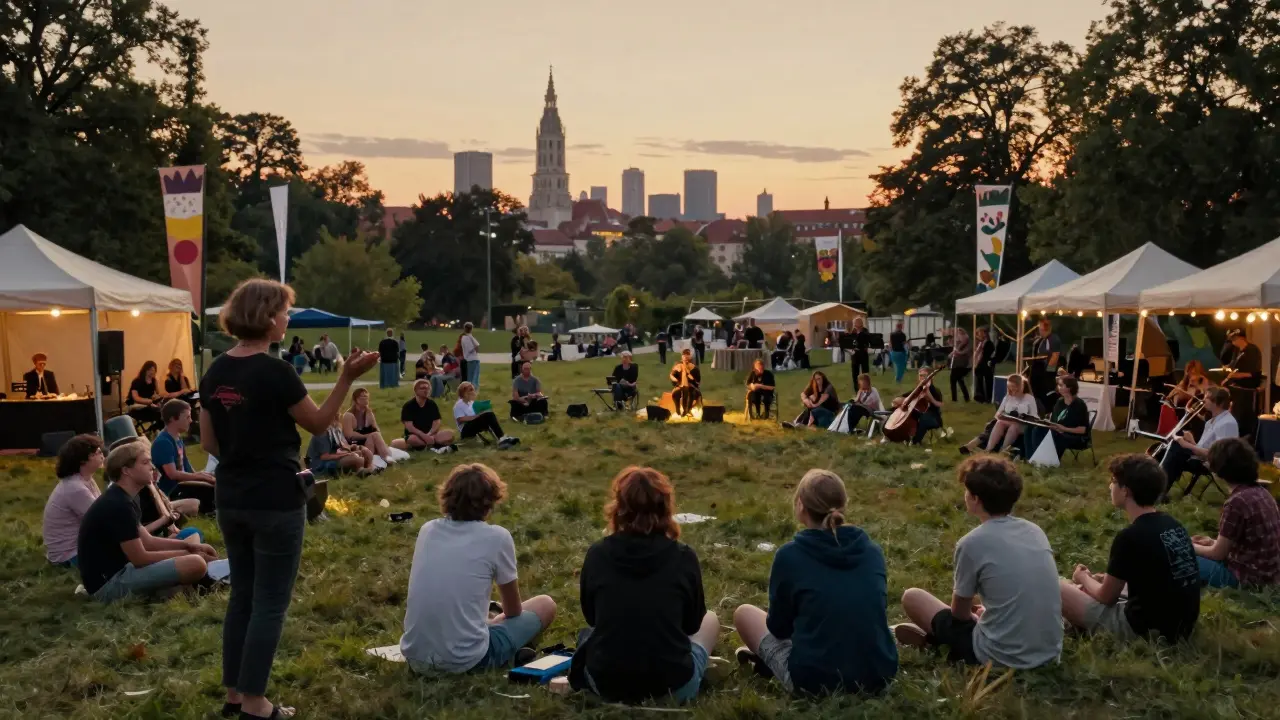 People gathered in a park at dusk listening to live music and poetry under handmade banners.
