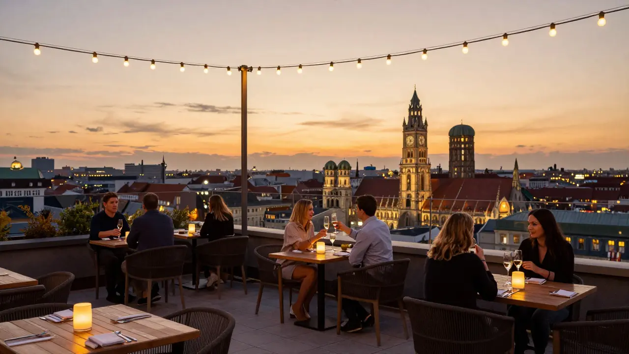 Rooftop bar with people toasting as Munich's historic skyline glows behind them.