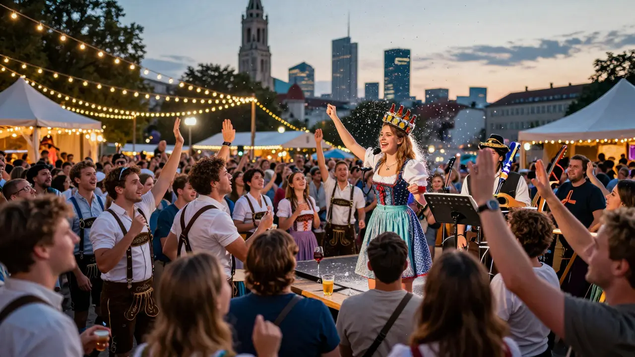 Split scene: traditional Oktoberfest crowd on left, vibrant Vanilli’s Vault audience on right with glitter falling.