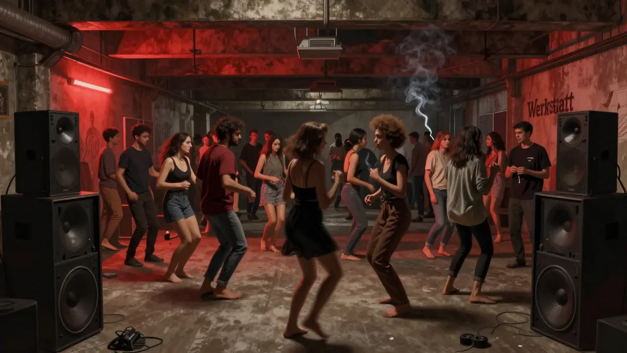 Underground warehouse club with red lighting, diverse crowd dancing on concrete floor, no signs, smoke drifting through air.