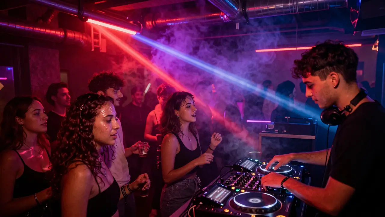 A crowded, energetic nightclub with strobing lights and people dancing hard to house music.