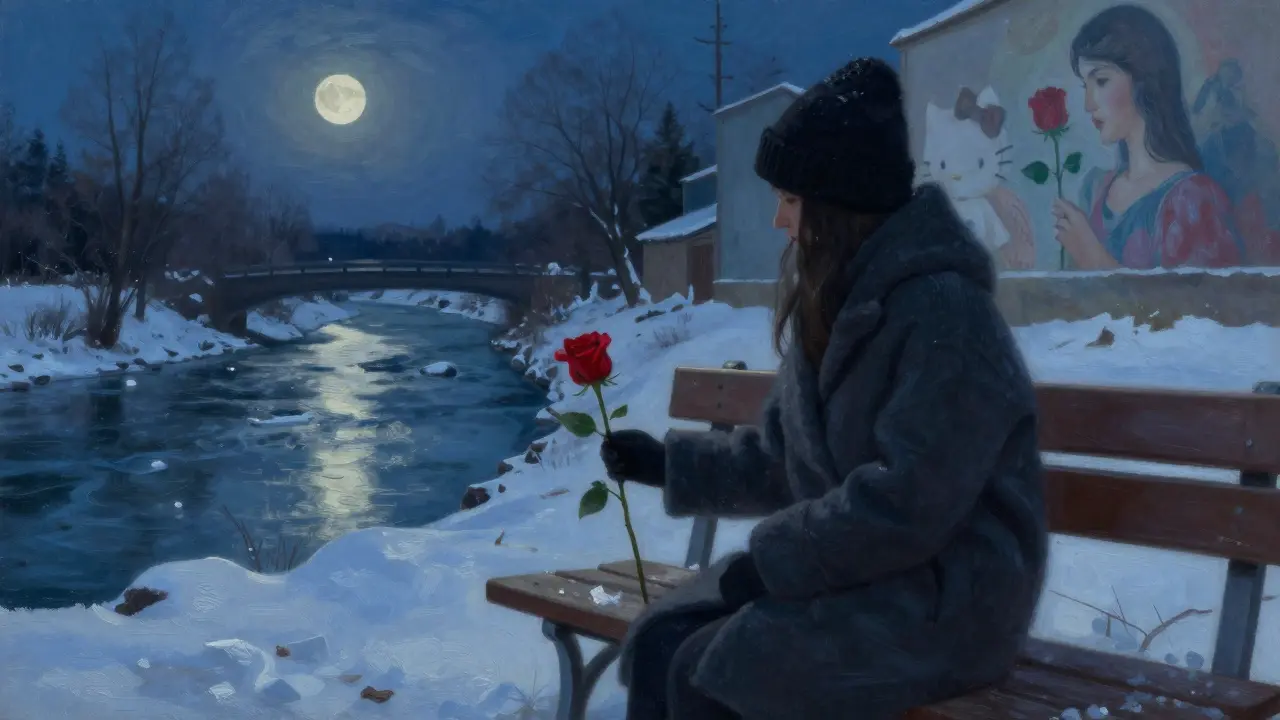 A lone figure places a red rose on a bench beside a frozen river under a winter moon, a mural glowing faintly in the background.