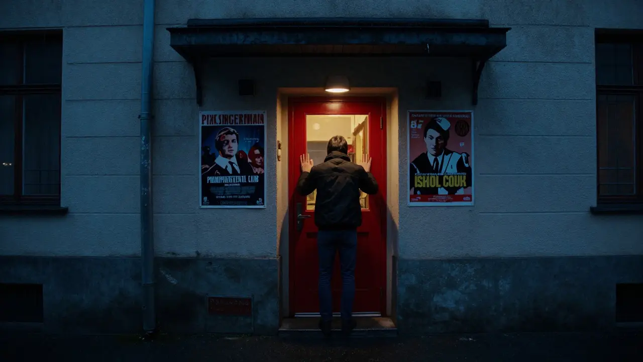 A mysterious red door in a quiet Munich street at midnight, faint light glowing from within, a person hesitating to knock.