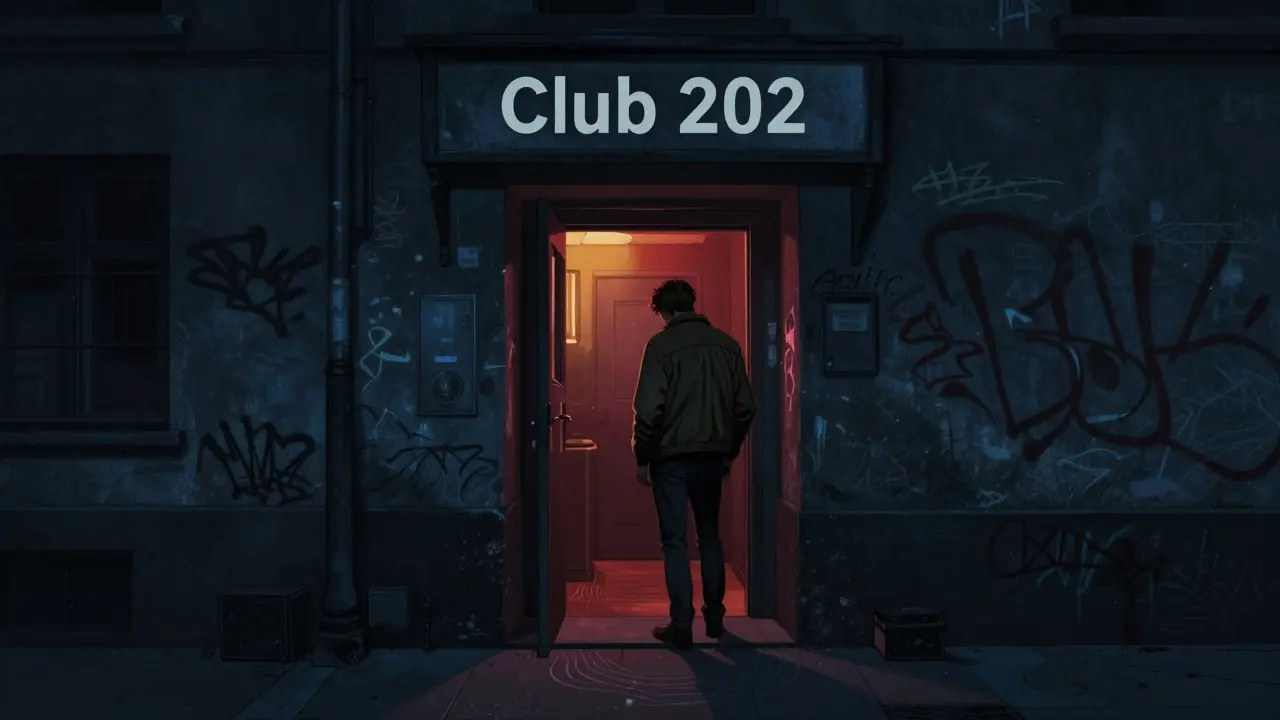 A person hesitating at the entrance of a basement club with bass vibrations in the air.