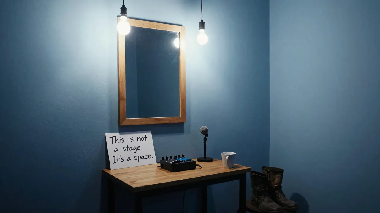A quiet studio space with mirror, bare bulbs, and a sign: 'This is not a stage. It's a space.'
