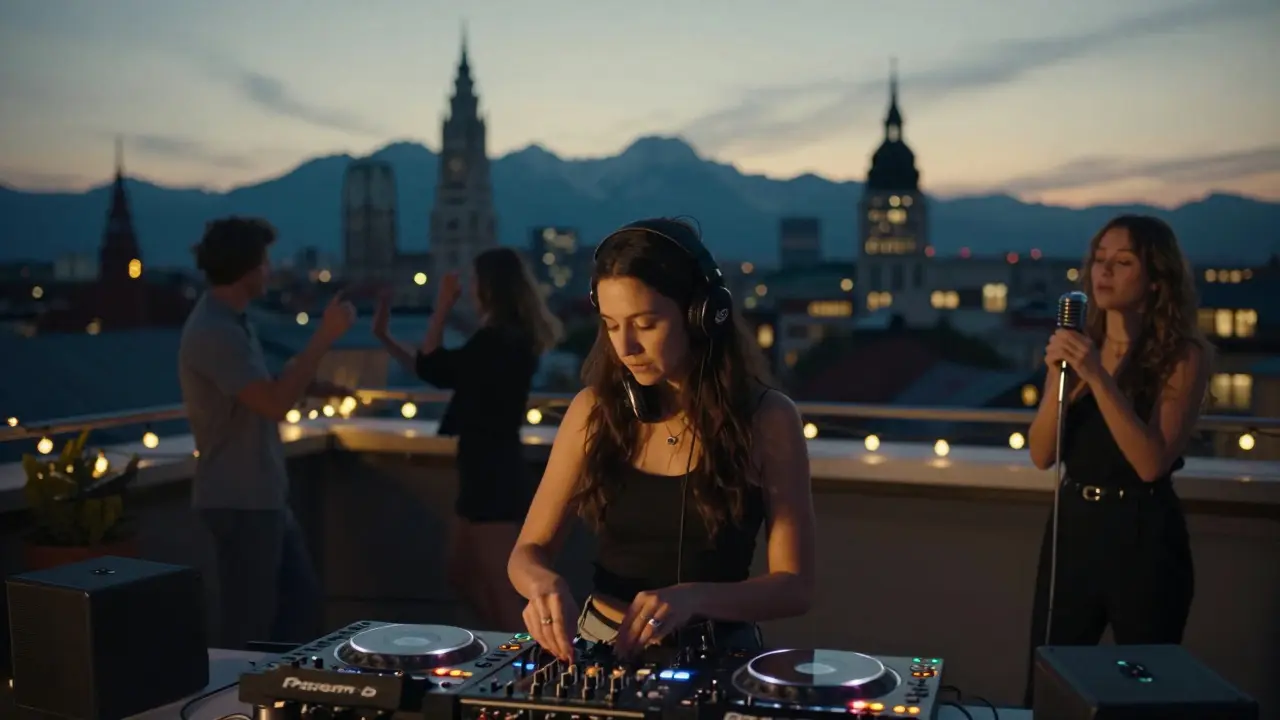 A rooftop club at night with a DJ mixing music as the city skyline and distant mountains glow behind dancers.