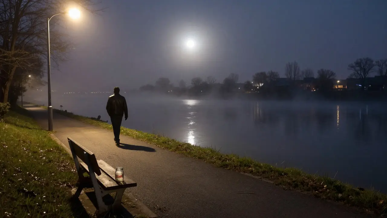 A solitary figure walks along the misty Isar River at dawn, city lights shimmering on the water, no one else around.