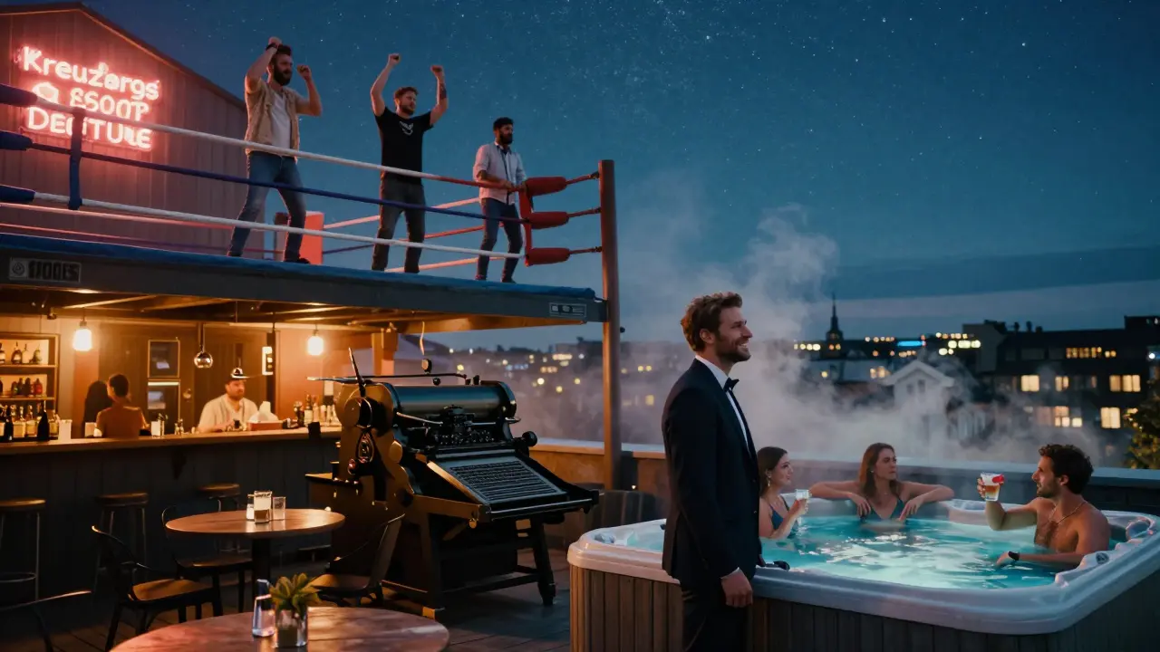 A vibrant hybrid venue with neon bar, boxing ring, and rooftop hot tub under stars.