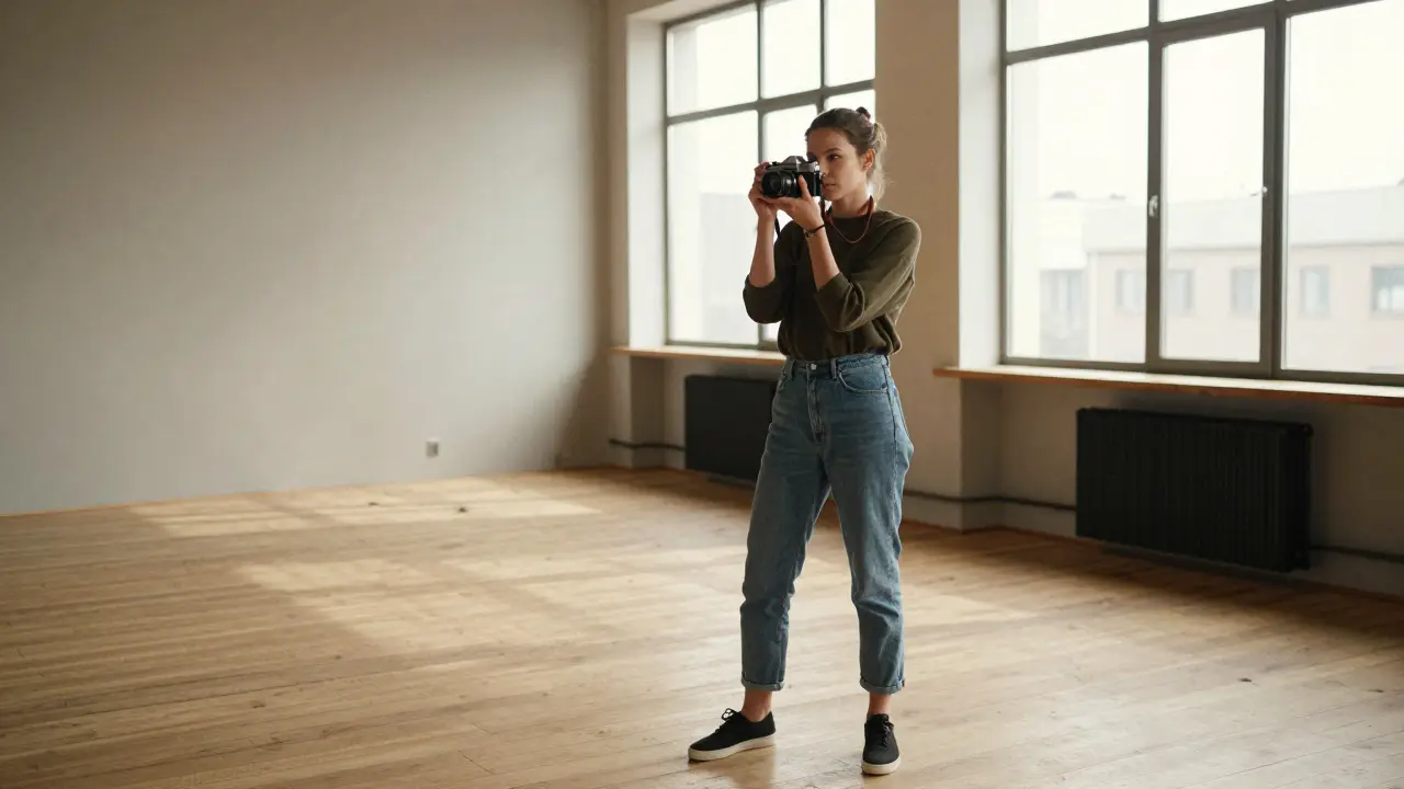 A woman in a minimalist studio using a vintage camera, natural light casting soft shadows on a bare wooden floor.