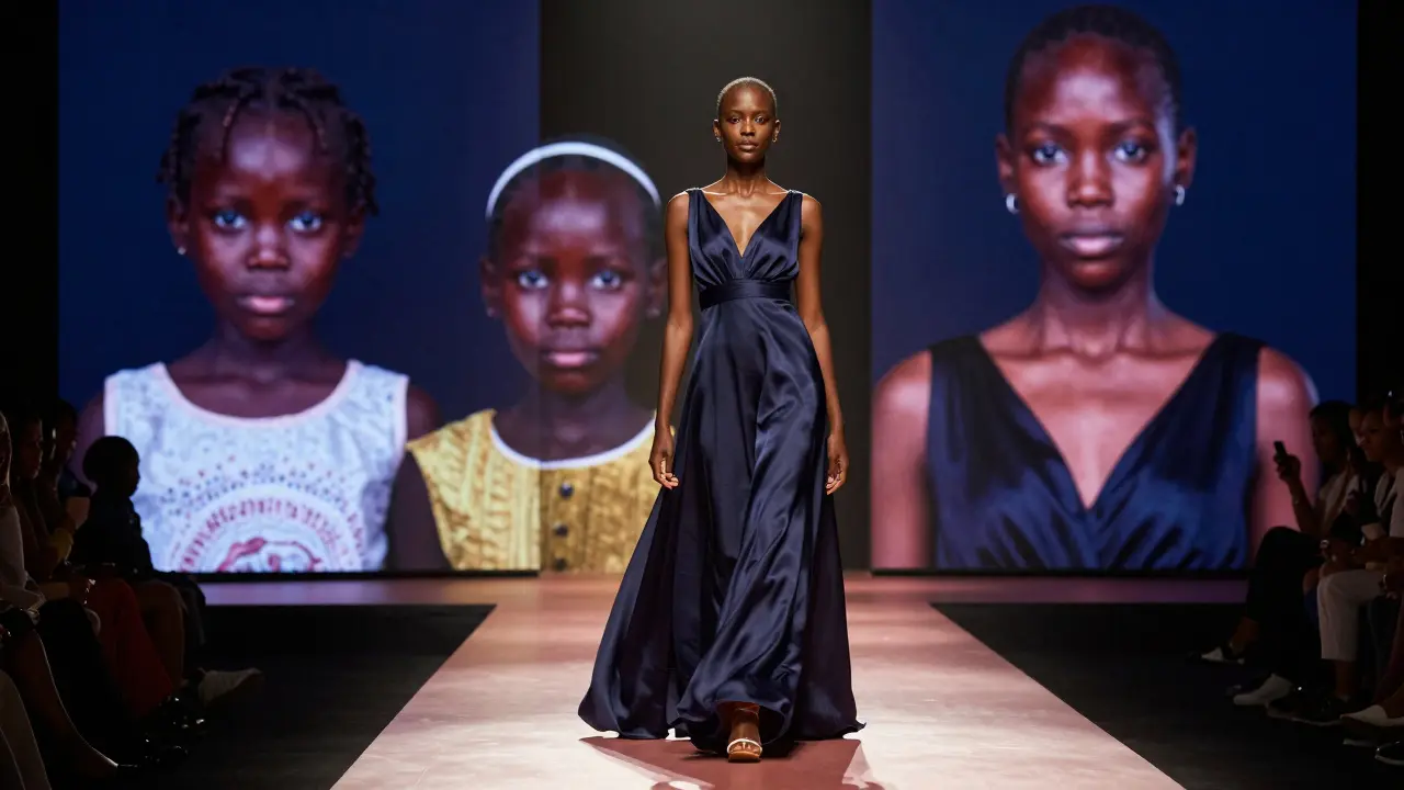 Adut Akech on the runway, with symbolic imagery of her journey from refugee to global advocate, bathed in dramatic light.
