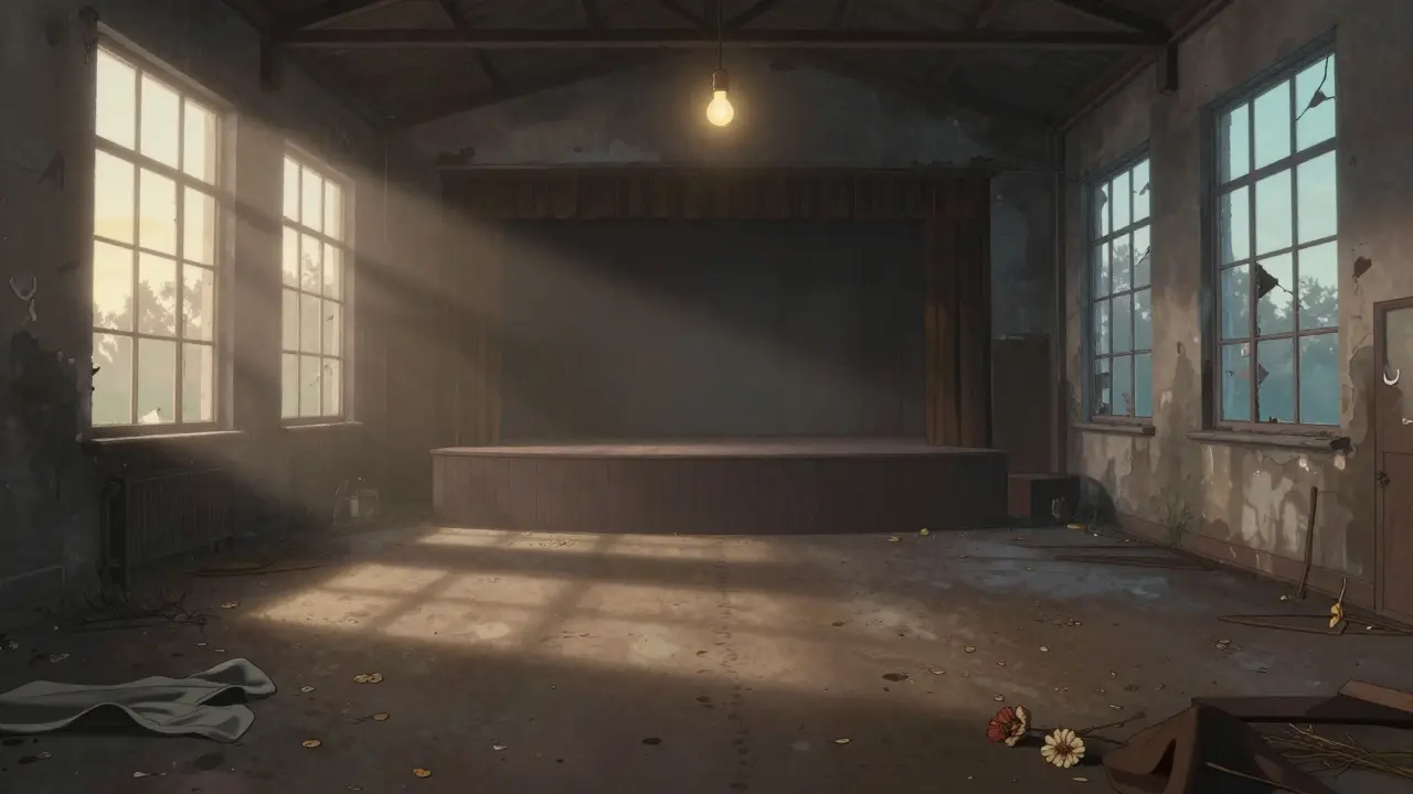 An empty warehouse stage at dawn, a single bulb hanging above scattered fabric and flowers.