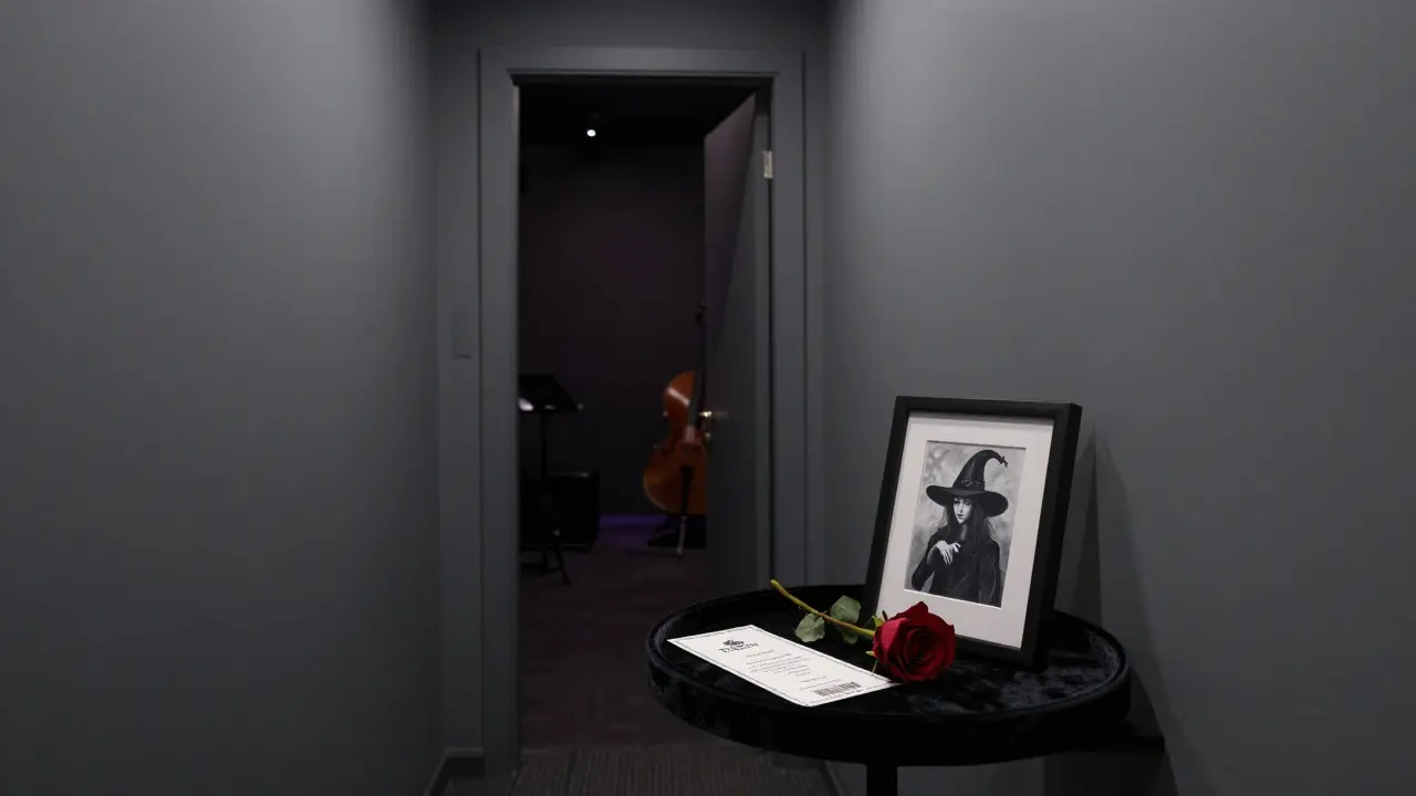 An invitation-only ticket and a hand-painted artwork of 'The Witch of the Isar' resting on velvet in a quiet hallway at Black Velvet club.