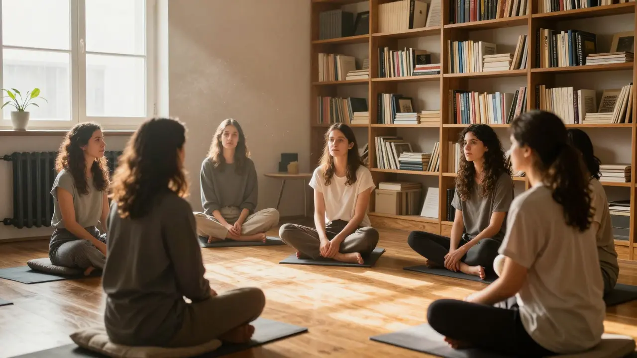 Anny Aurora leads a quiet workshop for women in a sunlit studio, surrounded by books and cushions, speaking with calm authority.