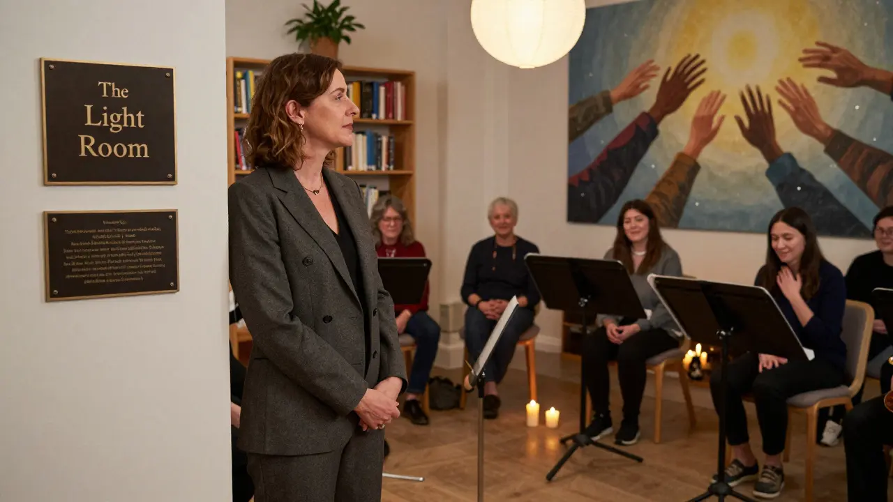 Anny Aurora stands beside a plaque unveiling 'The Light Room,' surrounded by former performers and therapists in a warm, candlelit space.