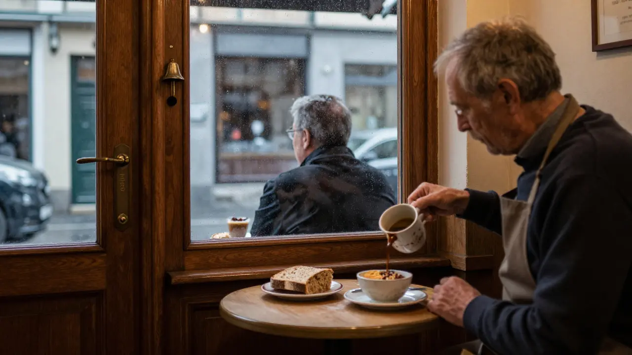 Cozy hidden café with an elderly man pouring coffee, rain on the window, simple wooden table with bread and muesli.