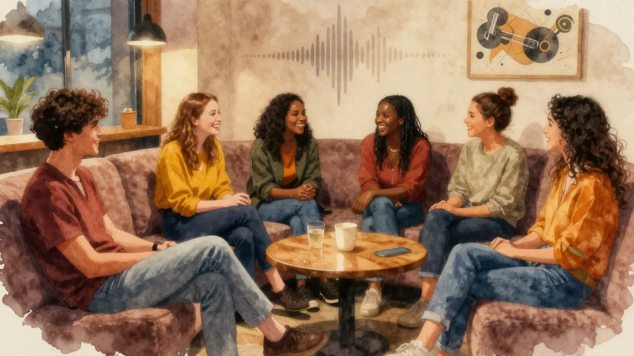 Cozy lounge with diverse group chatting on couches.