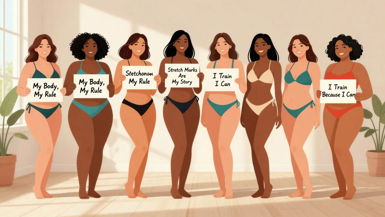 Diverse group of bikini models in a studio, each with unique body types, holding empowering signs about body acceptance.