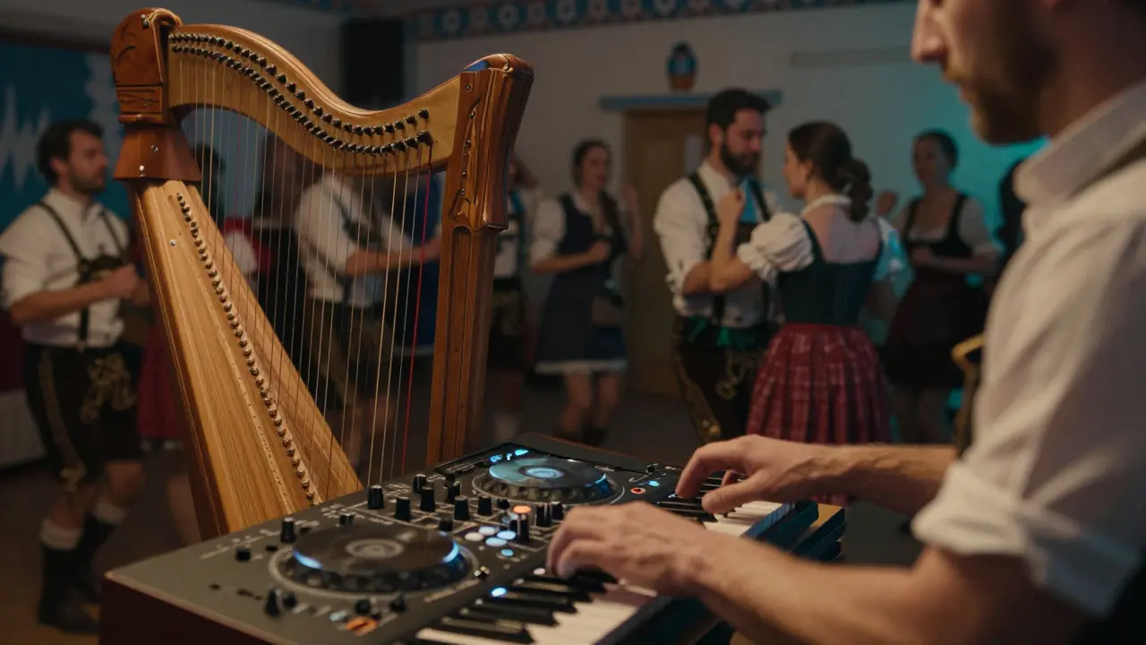 DJ blending zither and electronic beats in fusion performance