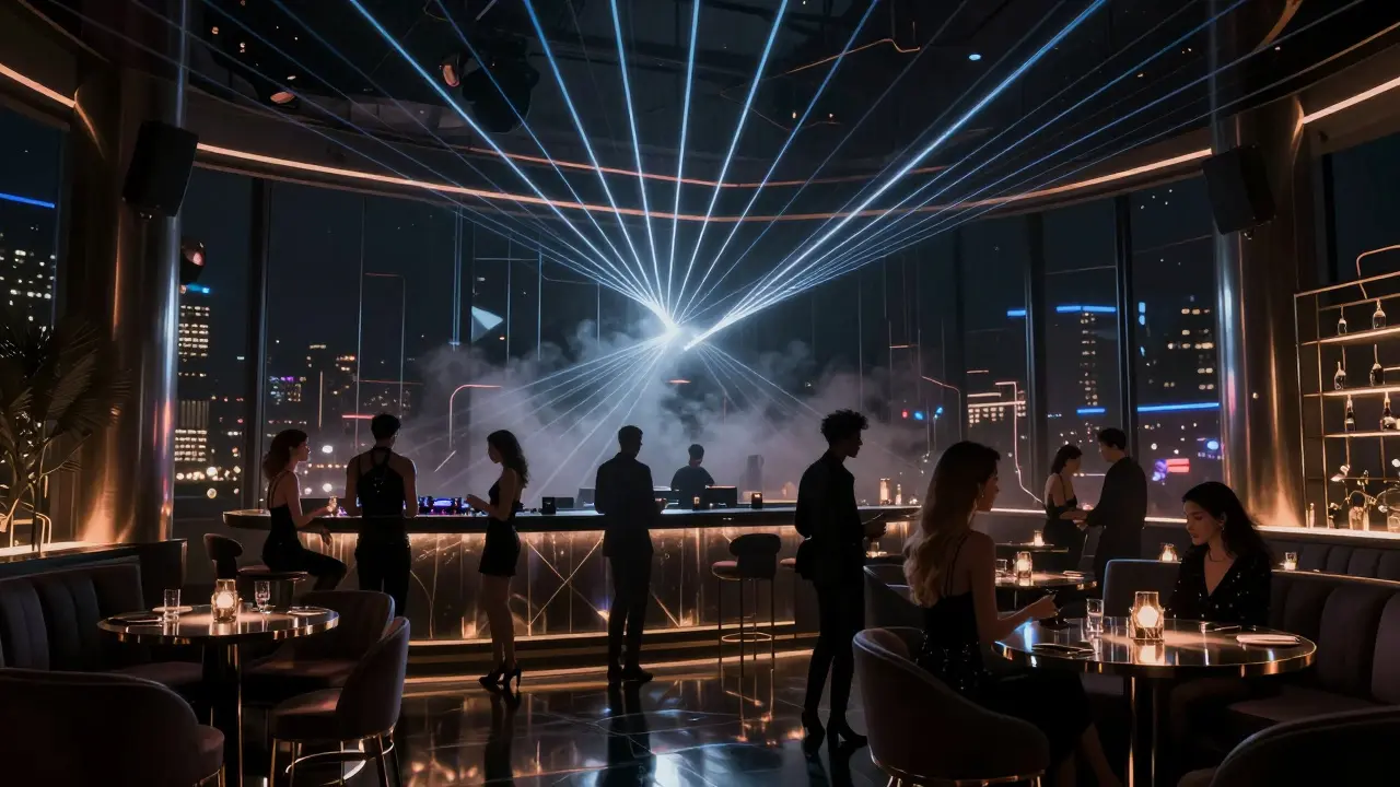 Elegant partygoers under dazzling laser lights in a sleek nightclub lounge
