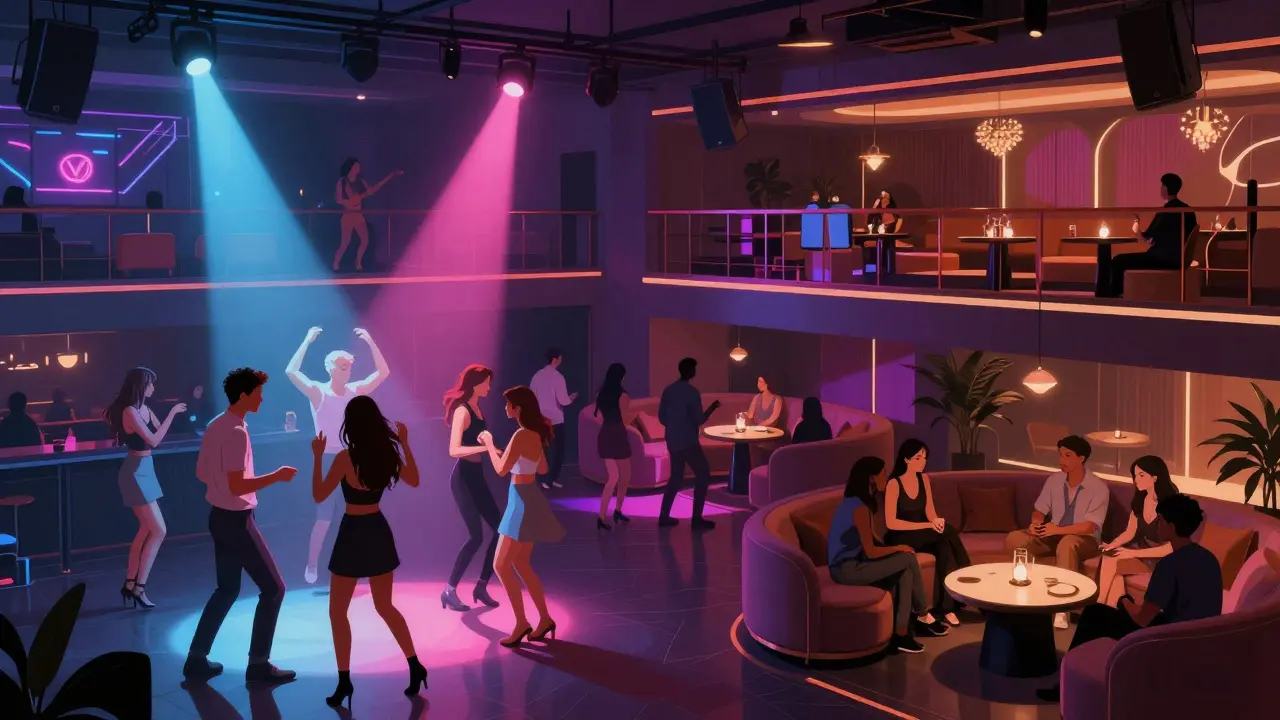 Four-floor nightclub interior with distinct music zones and socializing crowd.