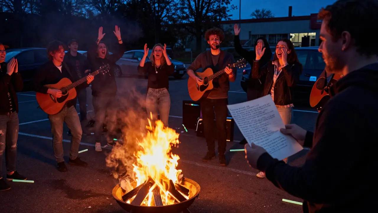 Friends and strangers singing around a bonfire at dawn, holding handwritten lyrics.