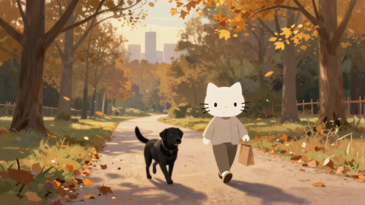 Kitty walks through Englischer Garten with her black lab Loki, golden autumn light filtering through trees.