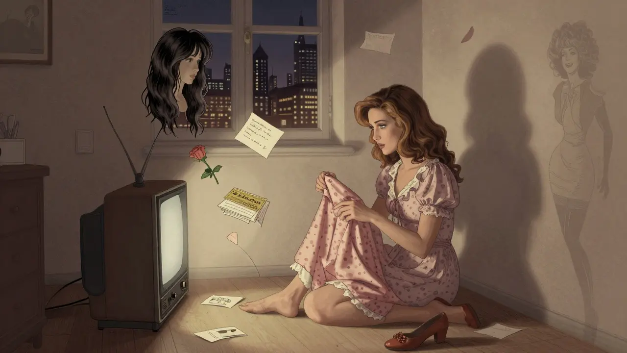 Lilli sits sewing in her apartment, surrounded by floating mementos — a wig, letters, a rose — while watching The Golden Girls on an old TV.