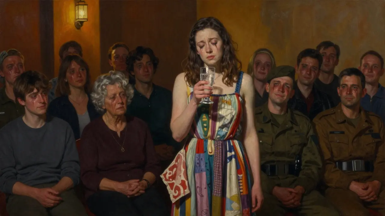 Lilli Vanilli performs a heartfelt monologue under a single spotlight, her patchwork dress catching the light as tearful audience members watch.