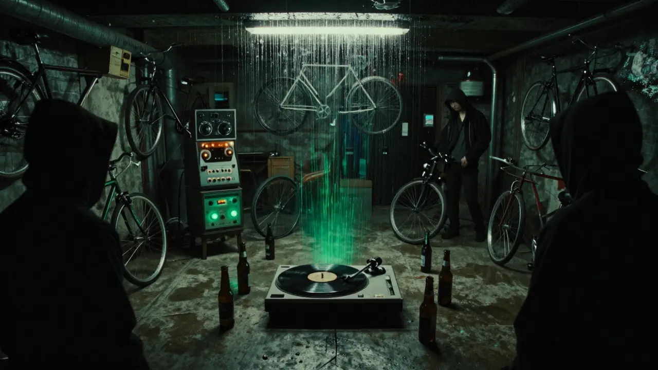 Mysterious underground rave with glowing vinyl equipment and damp concrete walls