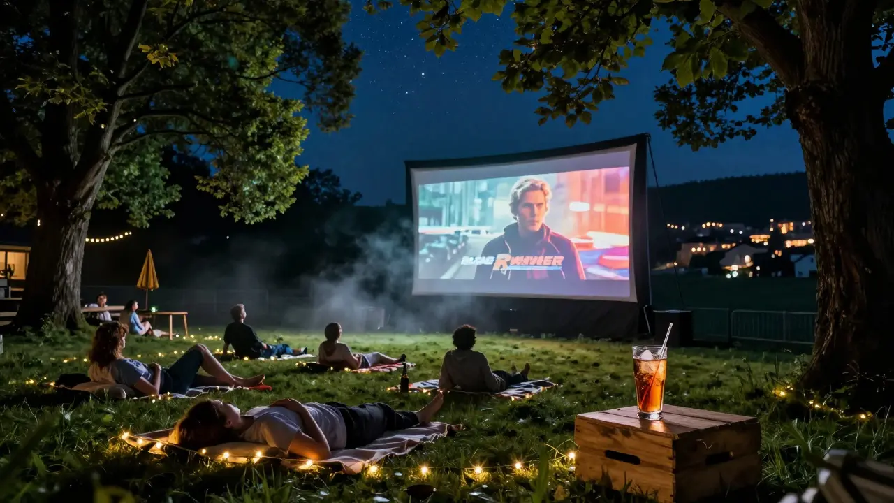 People watching a movie outdoors under fairy lights and trees in summer.