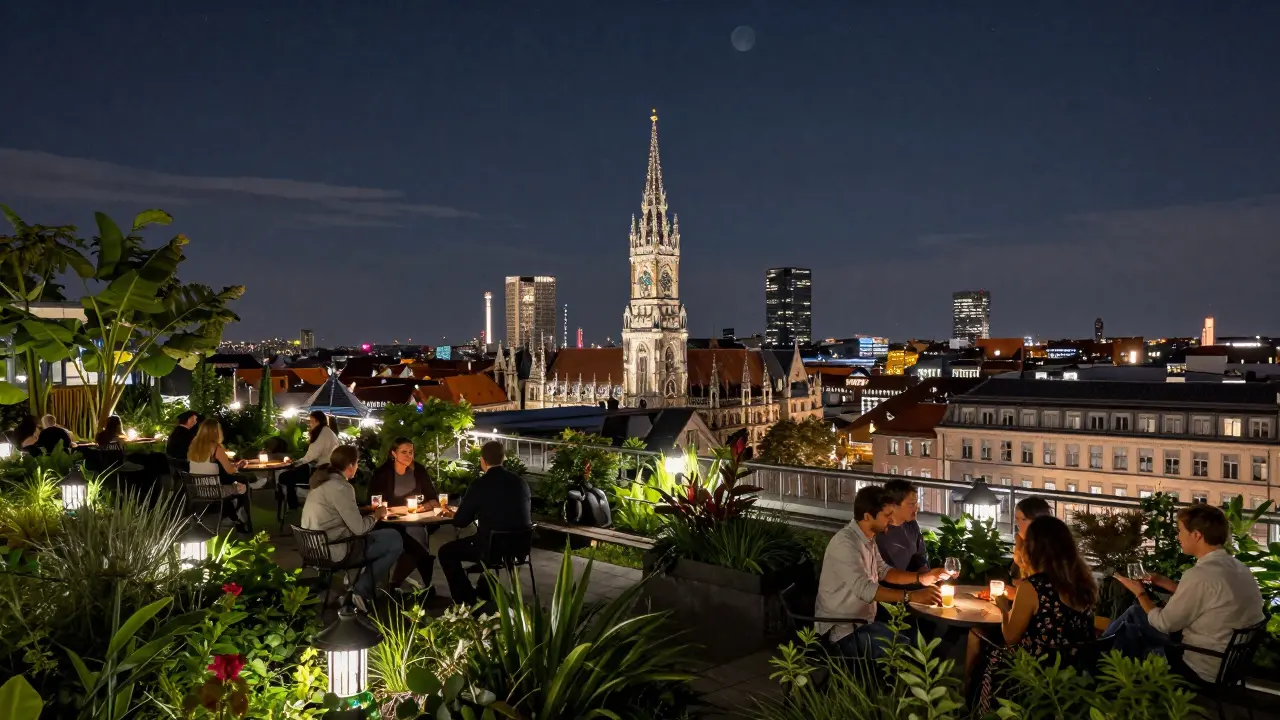 Rooftop garden view of Munich skyline at night.