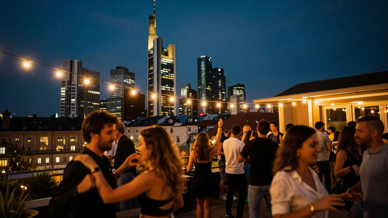 Rooftop terrace with Munich skyline and dancing crowd at night