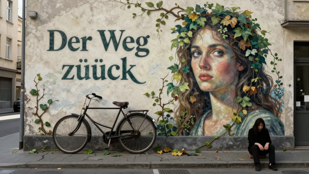 Street art mural of a woman with vine hair and a bicycle, sitting in quiet reflection in an urban alley.