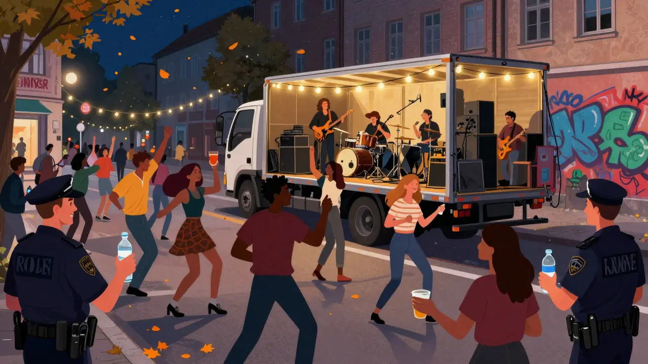 Street party in Munich with a live band on a flatbed truck, people dancing freely as police hand out water, autumn leaves in the air.