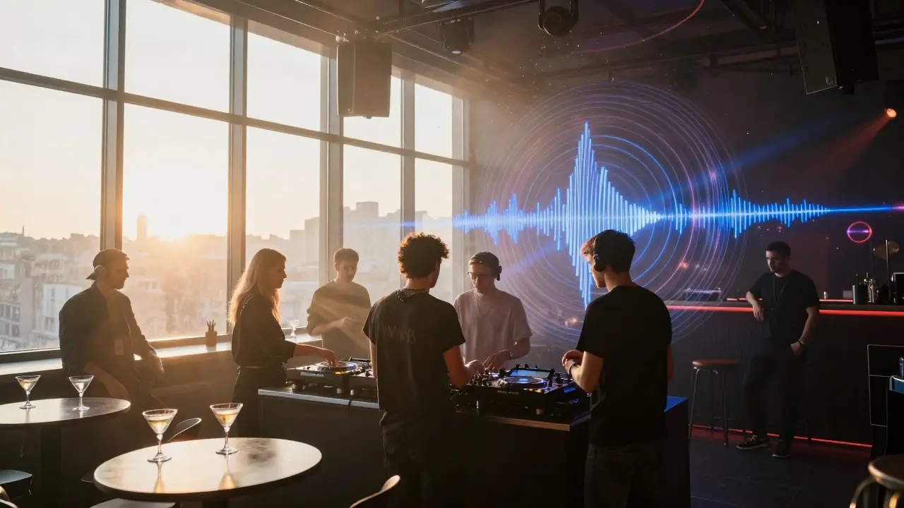 Sunday morning techno party at a Munich club as sunrise streams through windows, dancers still moving.