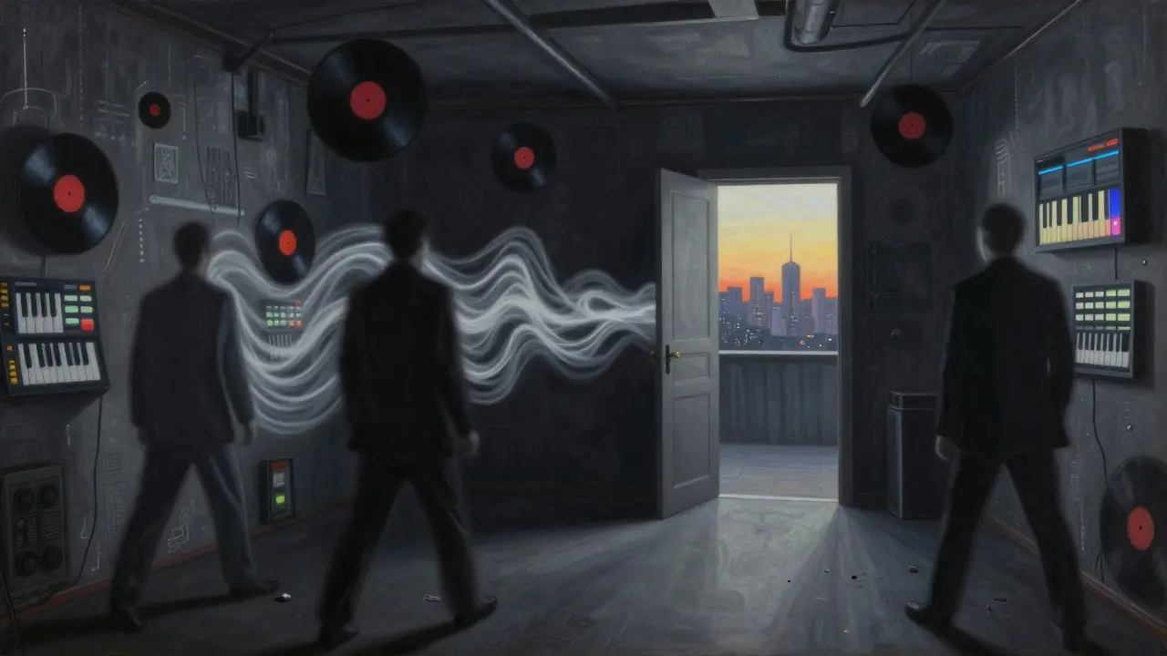 Surreal view of Backstage Munich where people melt into soundwaves, a door opens to sunrise beyond.