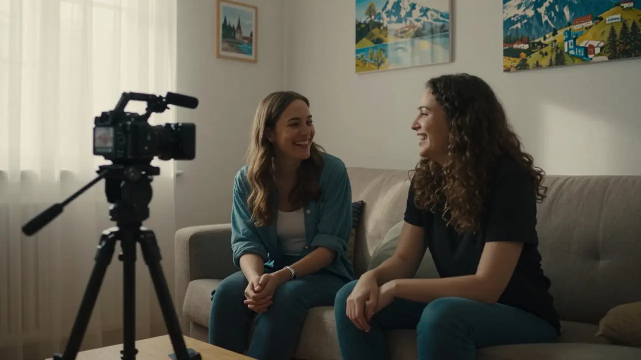 Tyra Misoux filming an authentic, unscripted scene in a modest living room with natural light.