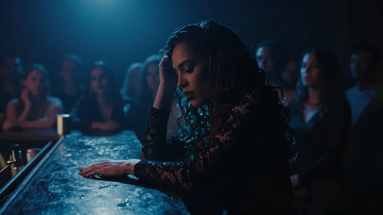 Tyra Misoux leaning on a bar under a single blue light, her silhouette defined by shadow and silk fabric.