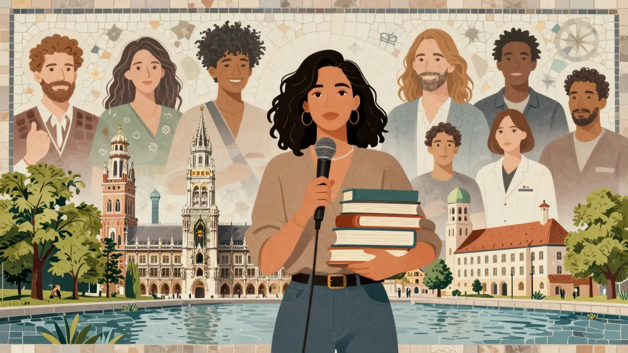 Tyra Misoux surrounded by Munich landmarks, symbolizing her roots and community-driven influence.