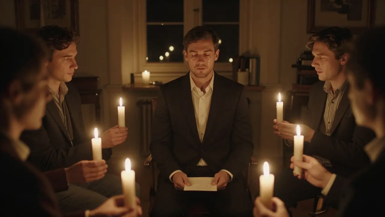 A circle of men holding candles around a groom, one speaking emotionally in a quiet, candlelit room.