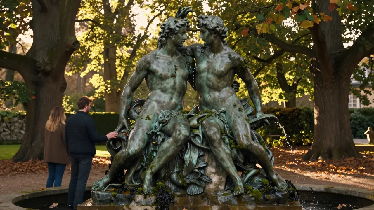 A classical sculpture of Neptune and Amphitrite entwined in an embrace, surrounded by garden moss and golden sunlight.