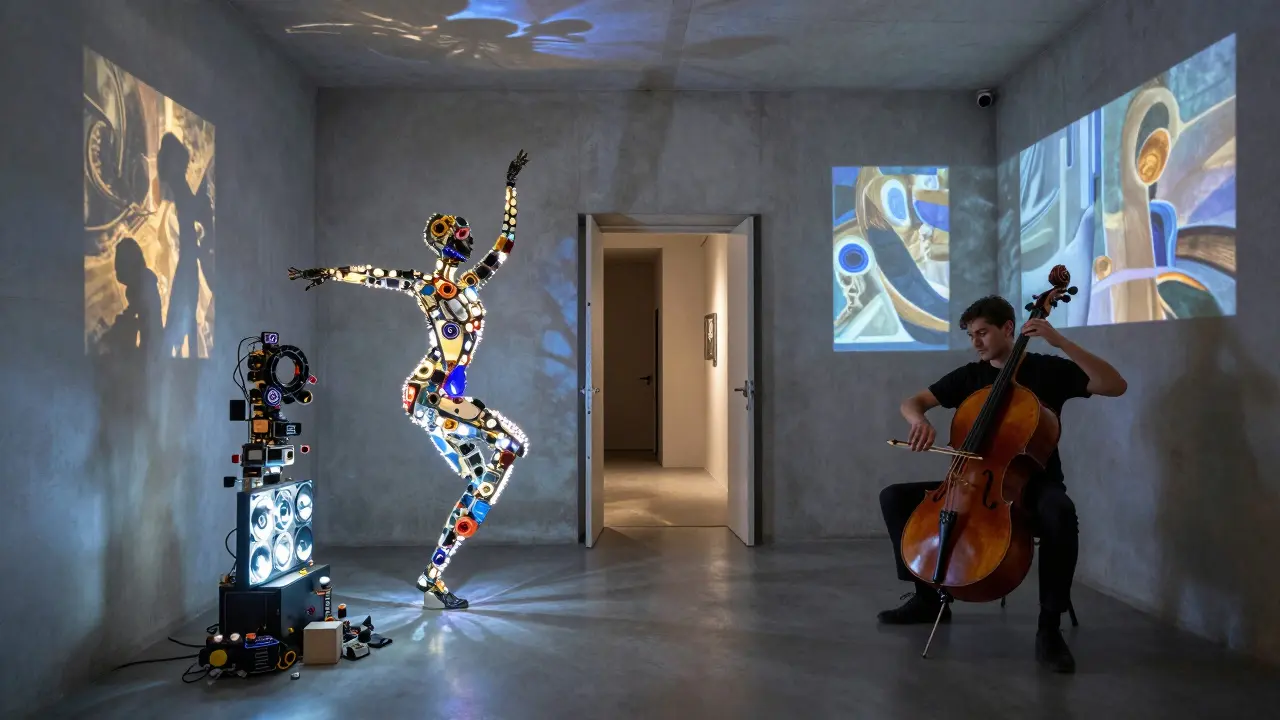 A dancer surrounded by glowing electronic art sculptures in an experimental club, ambient light and abstract projections.