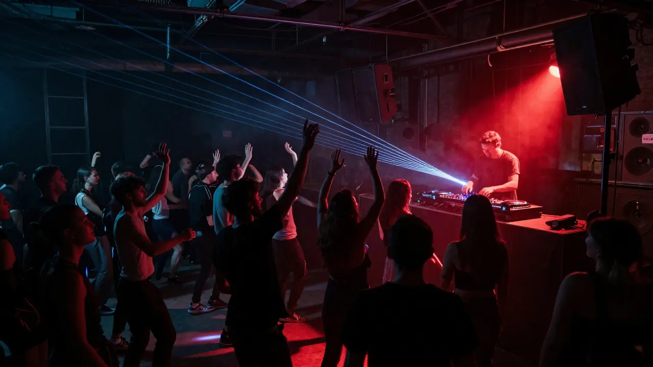 A dark techno club at 3 a.m. with a DJ playing analog gear and a crowd moving as one under pulsing lights.